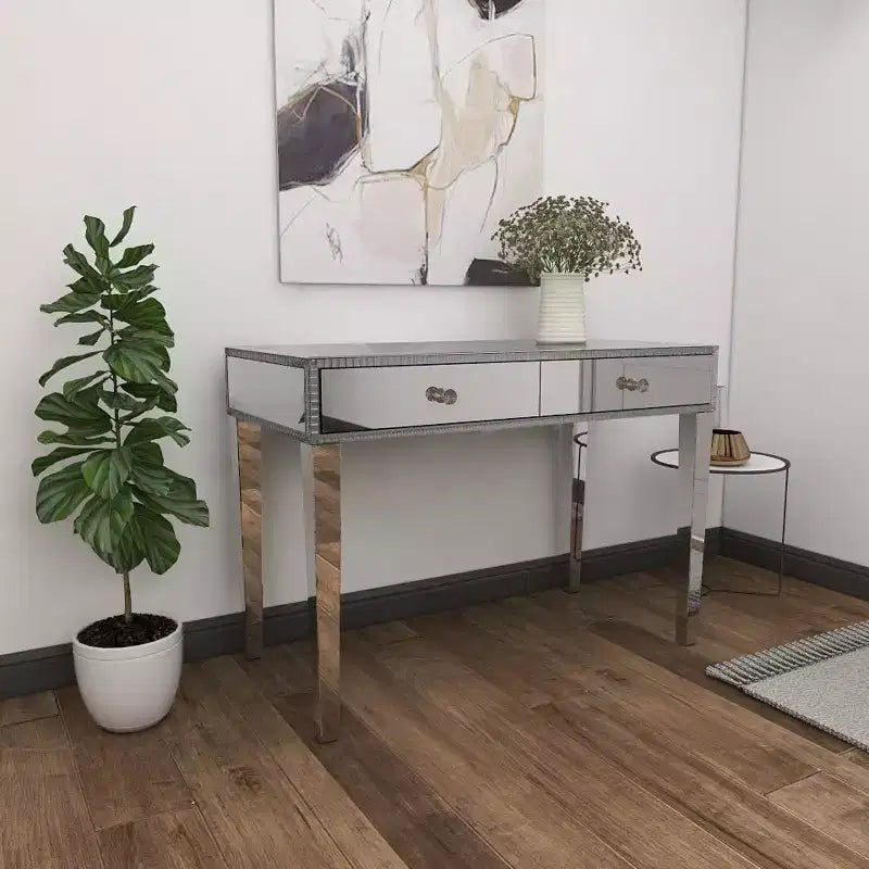 Console table/bureau en bois avec miroir et détails argentés, style glamour