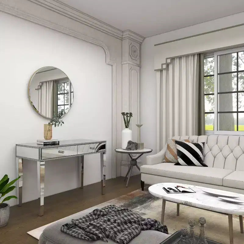 Console table/bureau en bois avec miroir et détails argentés, style glamour