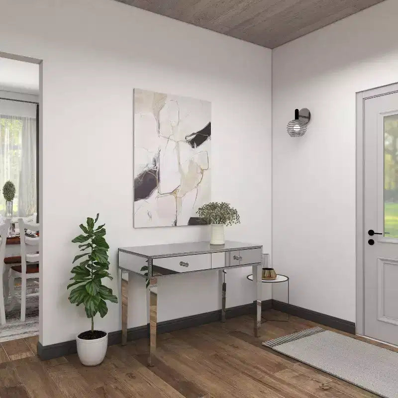 Console table/bureau en bois avec miroir et détails argentés, style glamour