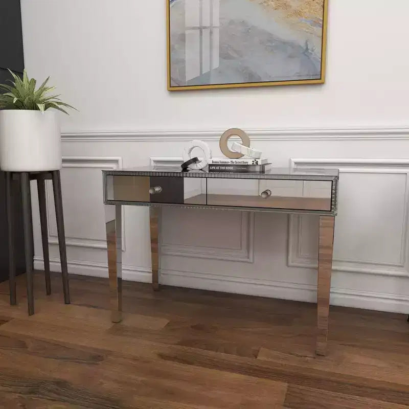 Console table/bureau en bois avec miroir et détails argentés, style glamour