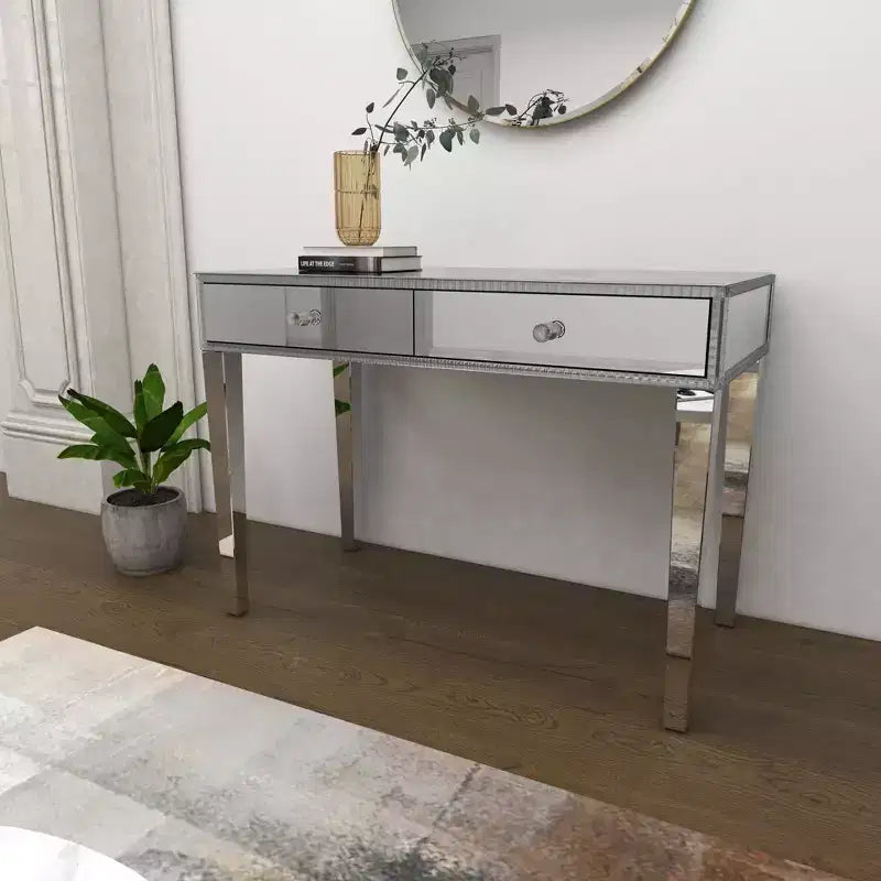 Console table/bureau en bois avec miroir et détails argentés, style glamour