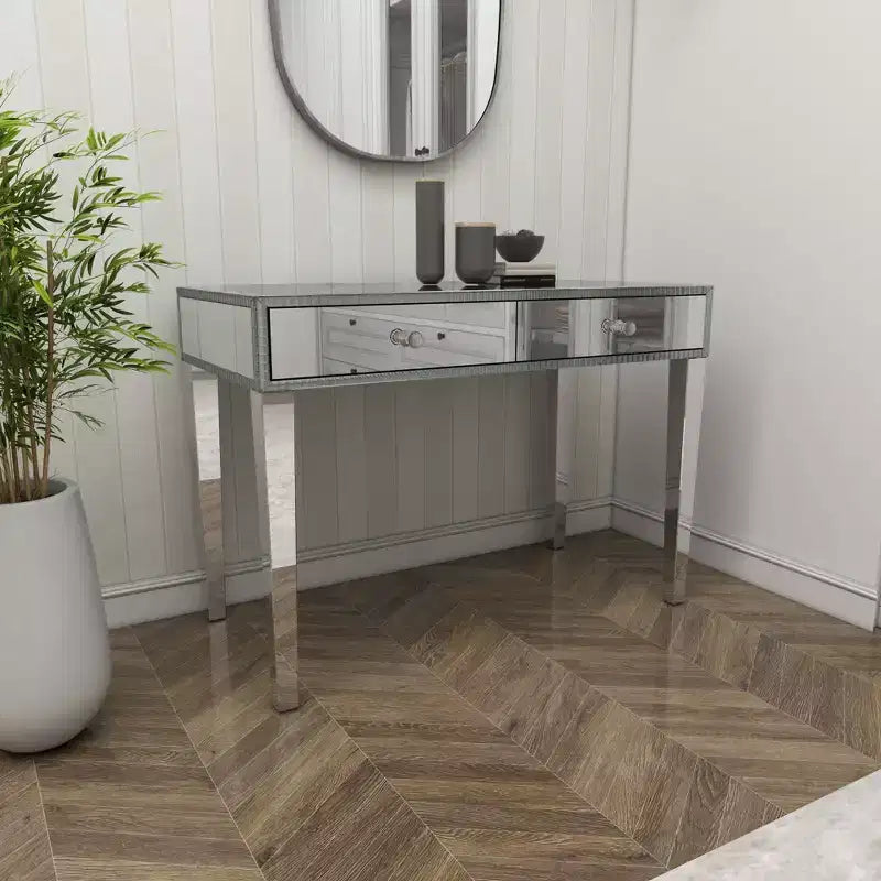 Console table/bureau en bois avec miroir et détails argentés, style glamour