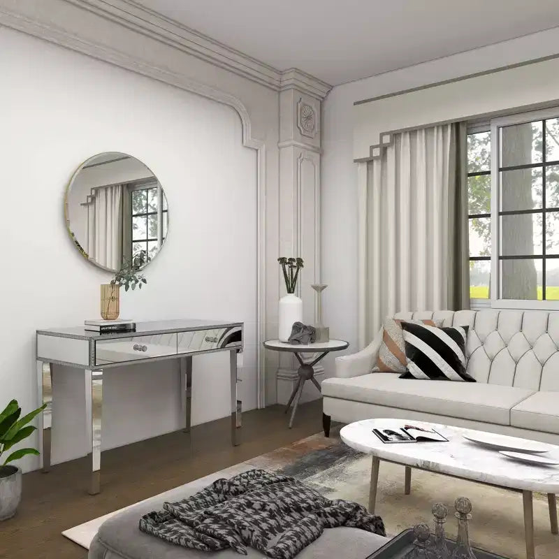 Console table/bureau en bois avec miroir et détails argentés, style glamour