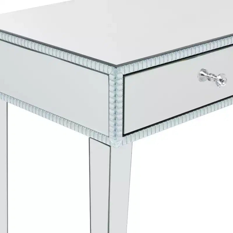 Console table/bureau en bois avec miroir et détails argentés, style glamour