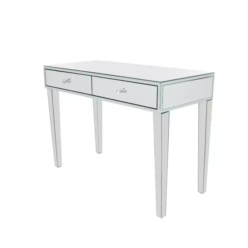 Console table/bureau en bois avec miroir et détails argentés, style glamour