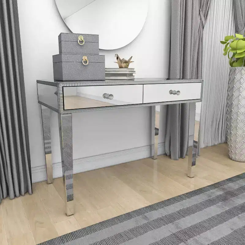 Console table/bureau en bois avec miroir et détails argentés, style glamour