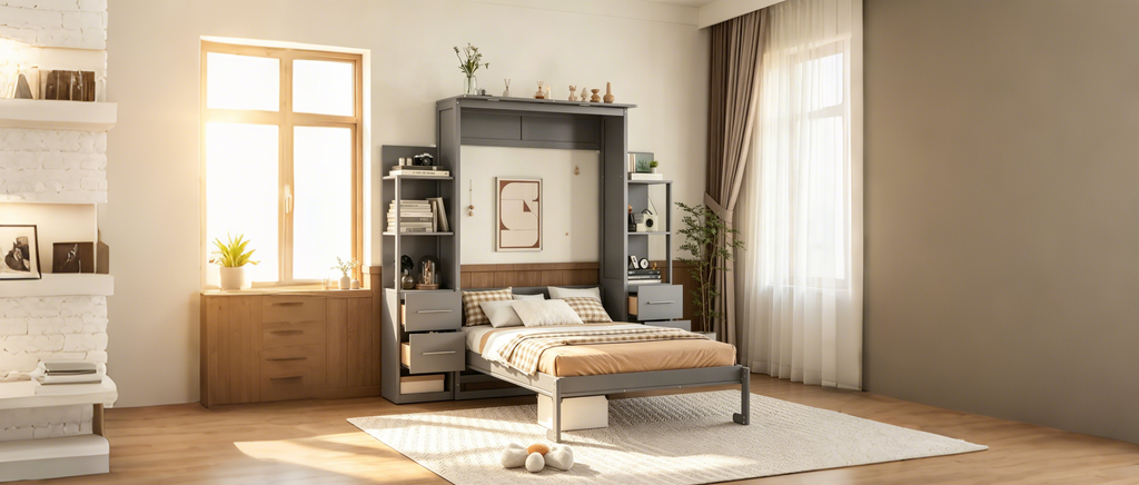 Lit escamotable mural Murphy avec étagères, tiroirs et lumières LED, armoire peu encombrante pour chambre d'amis ou bureau à domicile