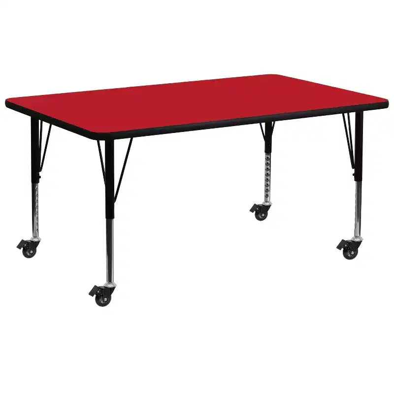 Table d'activités rectangulaire mobile en stratifié HP de 30 po l. x 72 po L – Pieds courts réglables en hauteur