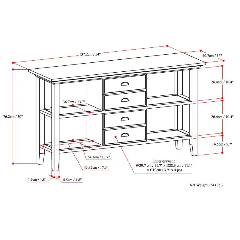 Console avec tiroirs et étagères ouvertes