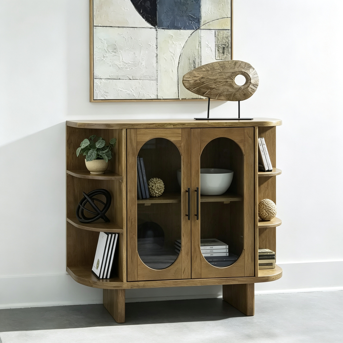 Meuble d'appoint Mid-Century, bois de manguier massif, marron clair, portes vitrées