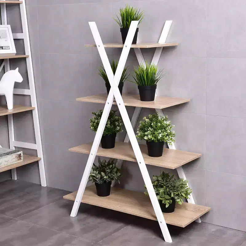Étagère à 4 niveaux avec étagères de rangement, échelle en X, marron/noir