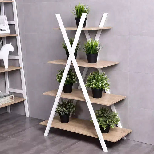 Étagère à 4 niveaux avec étagères de rangement, échelle en X, marron/noir