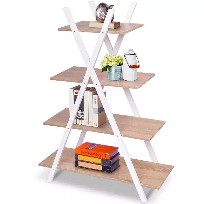 Étagère à 4 niveaux avec étagères de rangement, échelle en X, marron/noir
