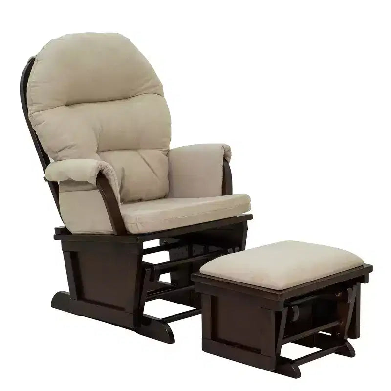 Fauteuil à bascule de puériculture avec pouf, assise rembourrée épaisse et base en bois, blanc cassé