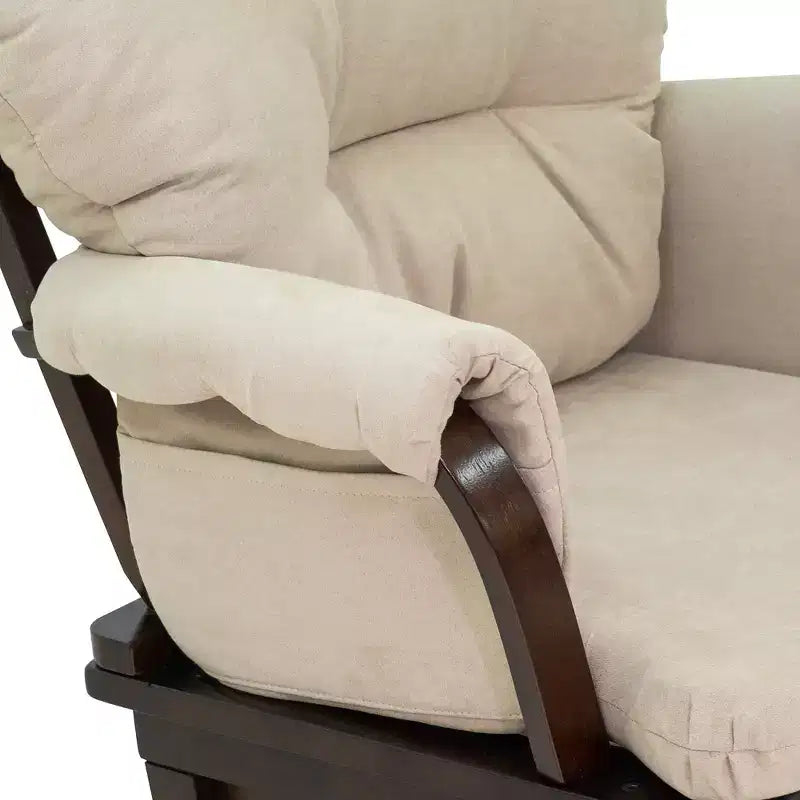 Fauteuil à bascule de puériculture avec pouf, assise rembourrée épaisse et base en bois, blanc cassé